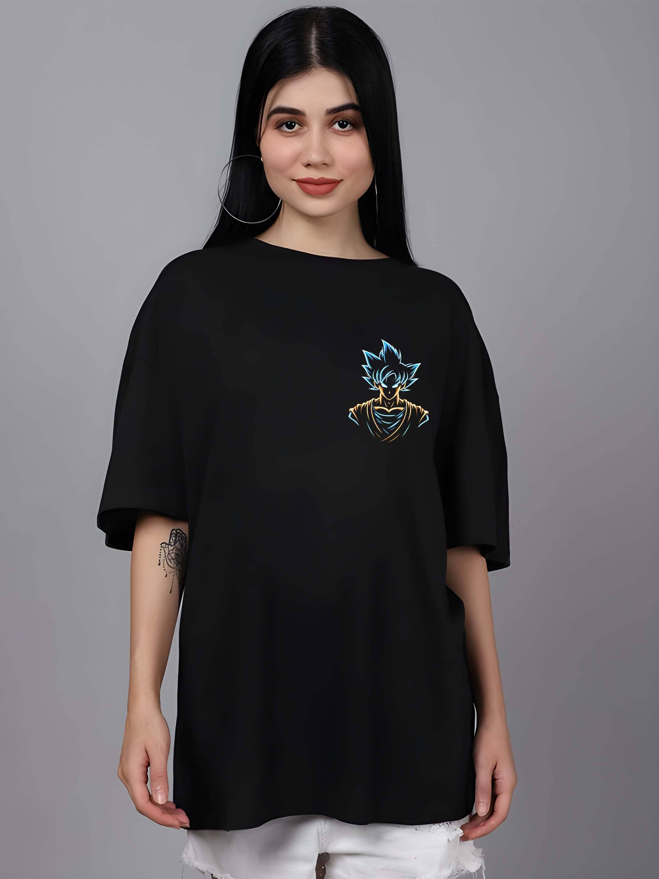 Kaido Women Cotton Blend Printed Oversized Fit Round Neck T-Shirt ( Black )