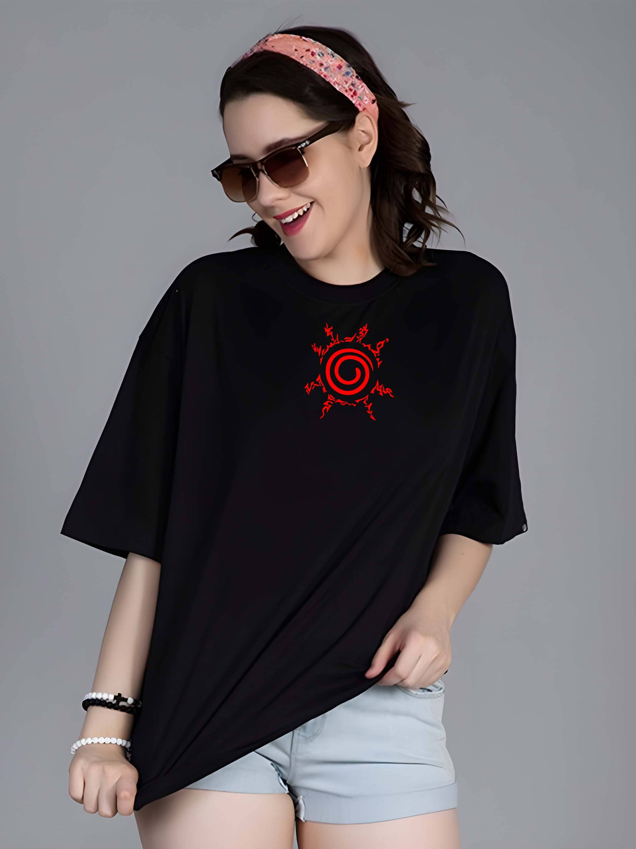 Kaido Women Cotton Blend Printed Oversized Fit Round Neck T-Shirt ( Black )