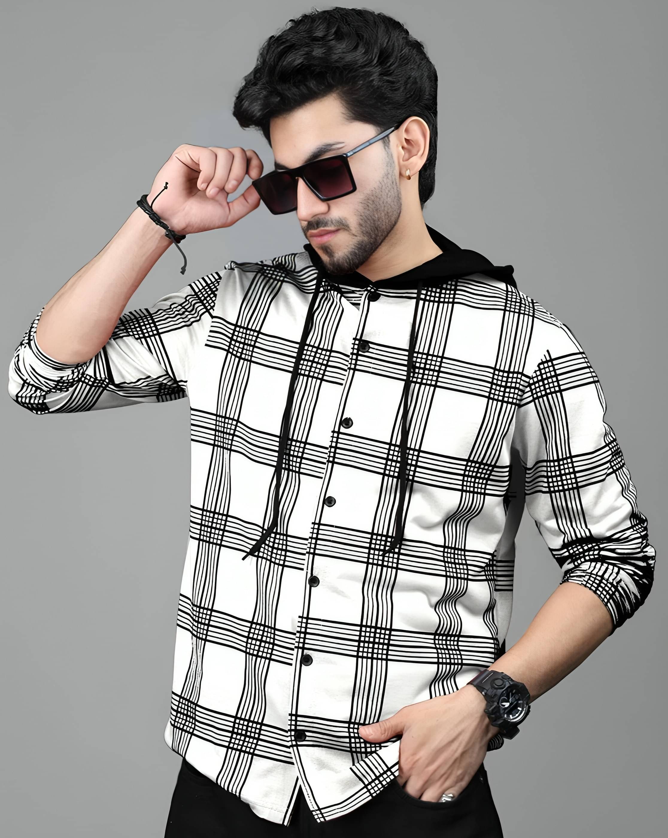     			LAMATE Cotton Blend Regular Fit Checks Full Sleeves Men's Hooded T-Shirt - White ( Pack of 1 )