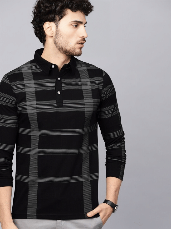 LAMATE Pack of 1 Cotton Blend Regular Fit Checks Full Sleeves Men's Polo T Shirt ( Black )     			LAMATE Pack of 1 Cotton Blend Regular Fit Checks Full Sleeves Men's Polo T Shirt ( Black )