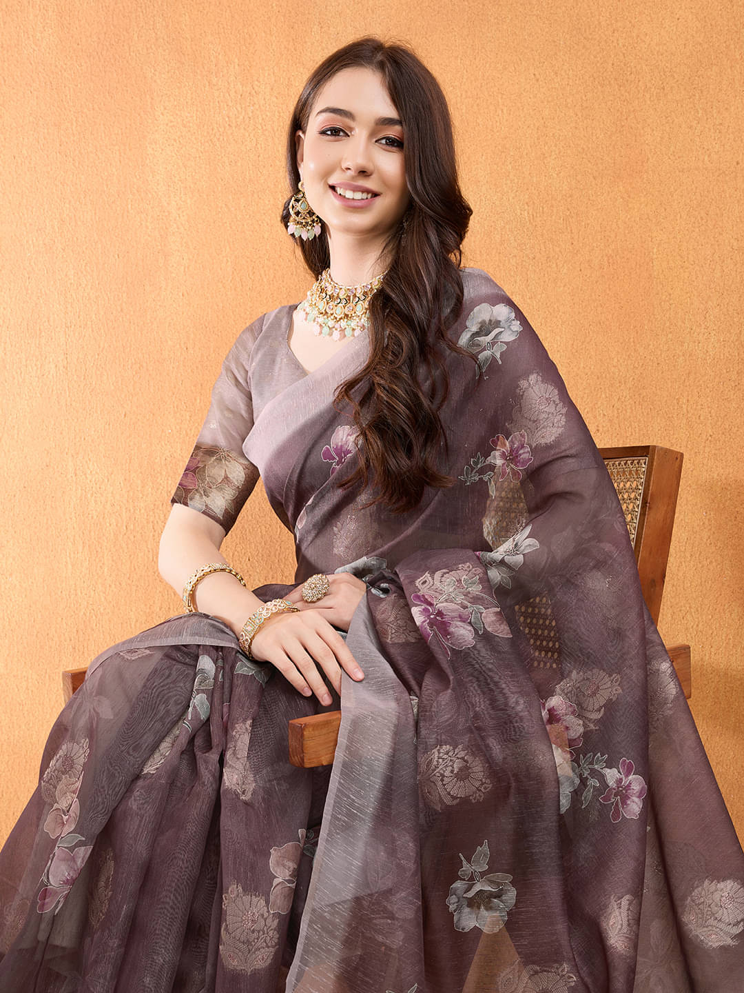 MANTROTSAV Silk Blend Printed Saree With Unstitched Blouse Piece ( Coffee ) MANTROTSAV Silk Blend Printed Saree With Unstitched Blouse Piece ( Coffee )