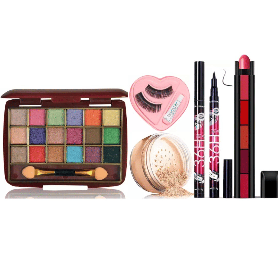 swenky eyeshadow with loose powder waterproof eyeliner 5in1 lipstick & false eyelash (Pack of 6) swenky eyeshadow with loose powder waterproof eyeliner 5in1 lipstick & false eyelash (Pack of 6)