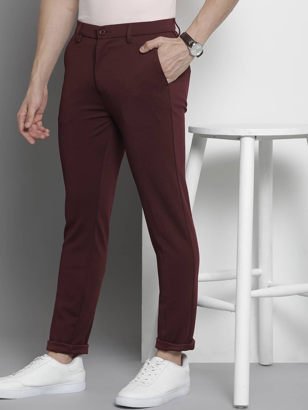     			The Indian Garage Co. Slim Flat Men's Formal Trouser - Burgundy ( Pack of 1 )