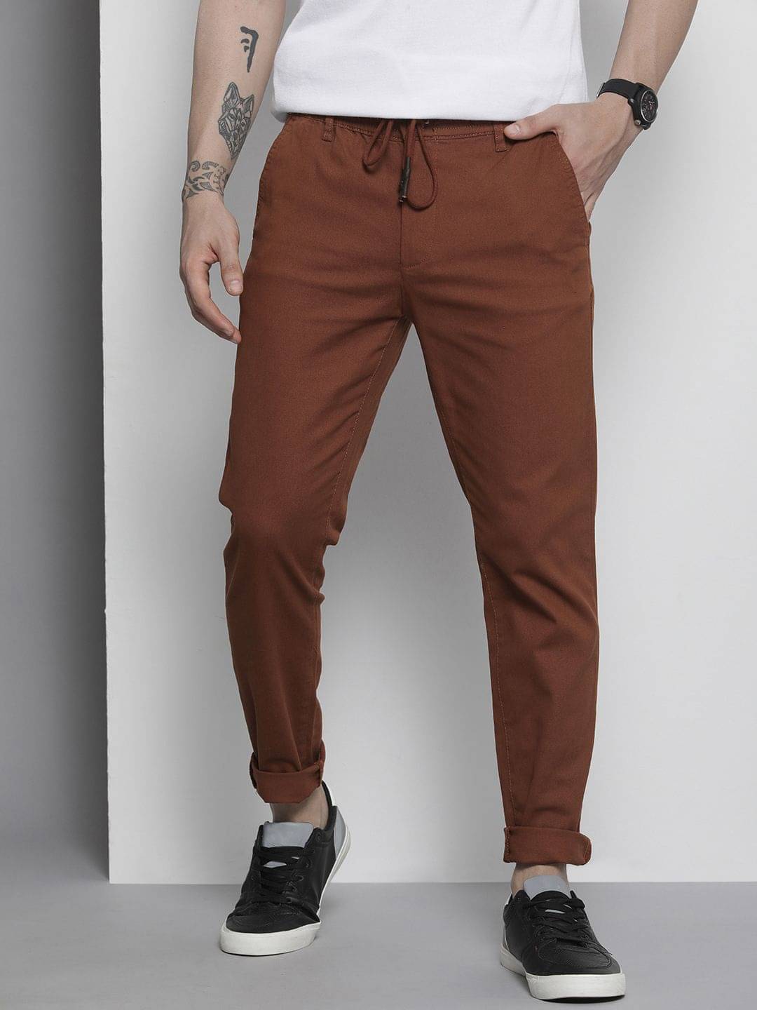 The Indian Garage Co. Slim Flat Men's Chinos - Brown ( Pack of 1 ) The Indian Garage Co. Slim Flat Men's Chinos - Brown ( Pack of 1 )