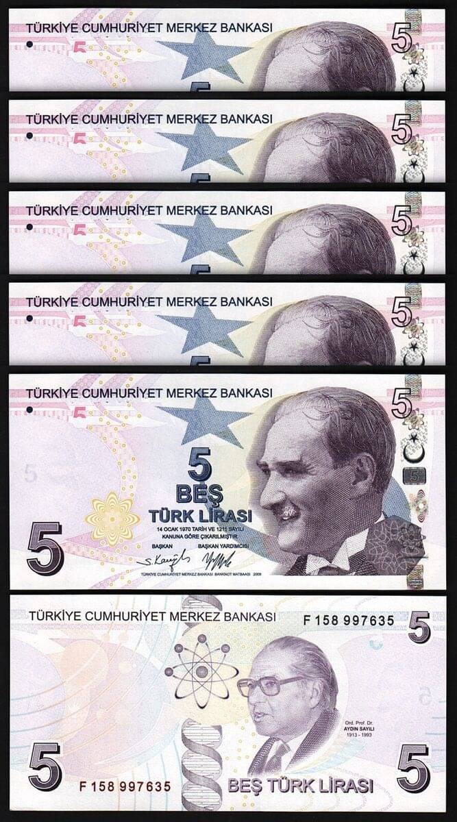 Turkey 5 Lira (E9 Emission Group) Consecutive Serial 5 Notes in Top Grade Gem UNC     			Turkey 5 Lira (E9 Emission Group) Consecutive Serial 5 Notes in Top Grade Gem UNC