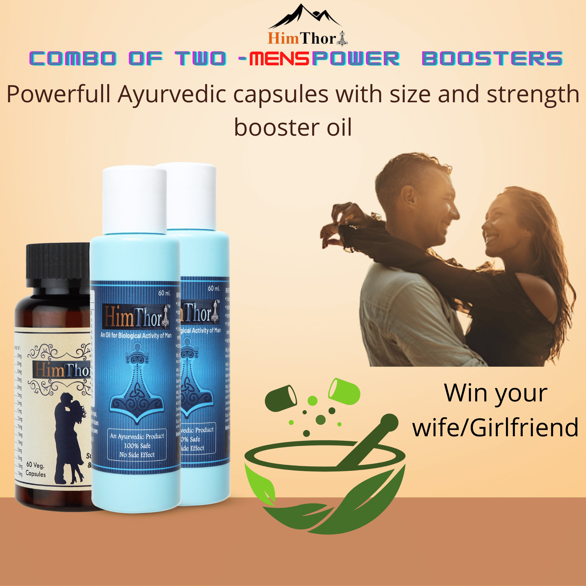 A powerful combo of Ayurvedic Sex power 60 capsules and size enhancer massage oil 120ml. A powerful combo of Ayurvedic Sex power 60 capsules and size enhancer massage oil 120ml.