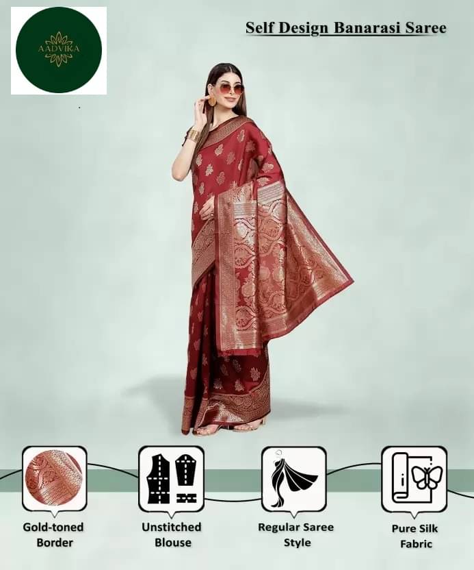 Aadvika Banarasi Silk Printed Saree With Unstitched Blouse Piece ( Maroon ) Aadvika Banarasi Silk Printed Saree With Unstitched Blouse Piece ( Maroon )