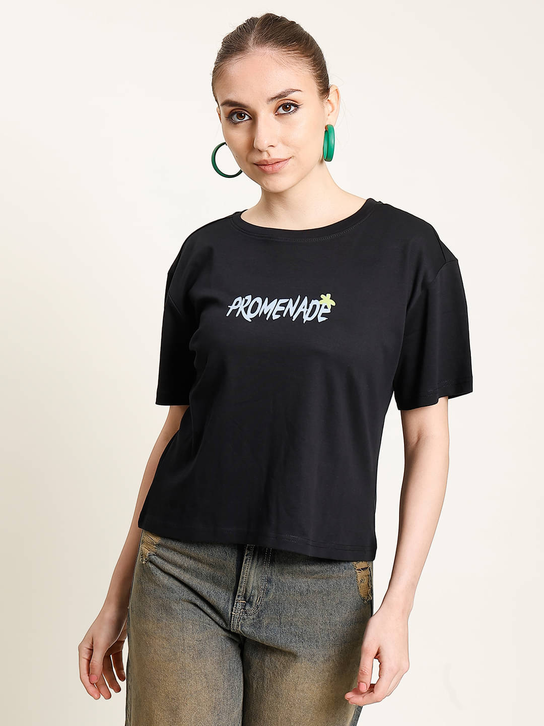     			Bene Kleed Women Cotton Printed Oversized Fit Round Neck T-Shirt ( Black )