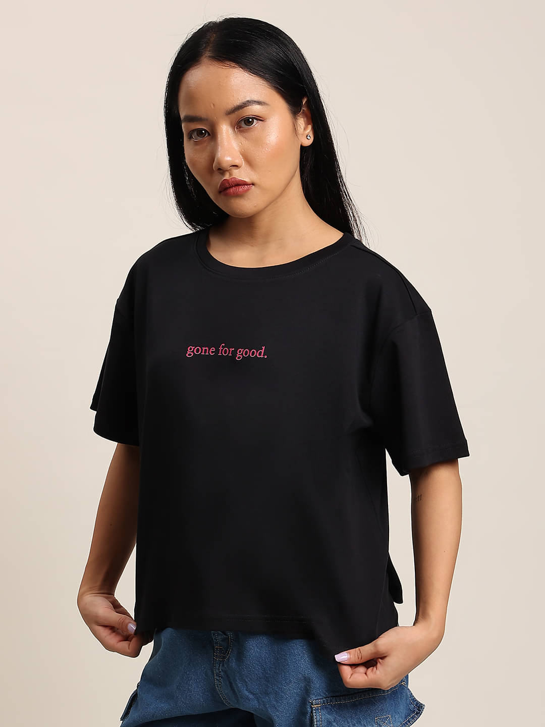 Bene Kleed Women Cotton Printed Oversized Fit Round Neck T-Shirt ( Black ) Bene Kleed Women Cotton Printed Oversized Fit Round Neck T-Shirt ( Black )