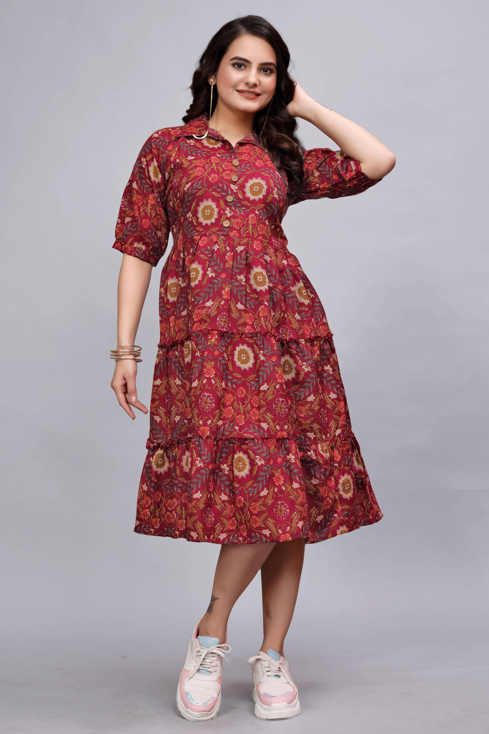 Devakii Women Cotton Blend Printed Fit & Flare Dress ( Maroon )     			Devakii Women Cotton Blend Printed Fit & Flare Dress ( Maroon )