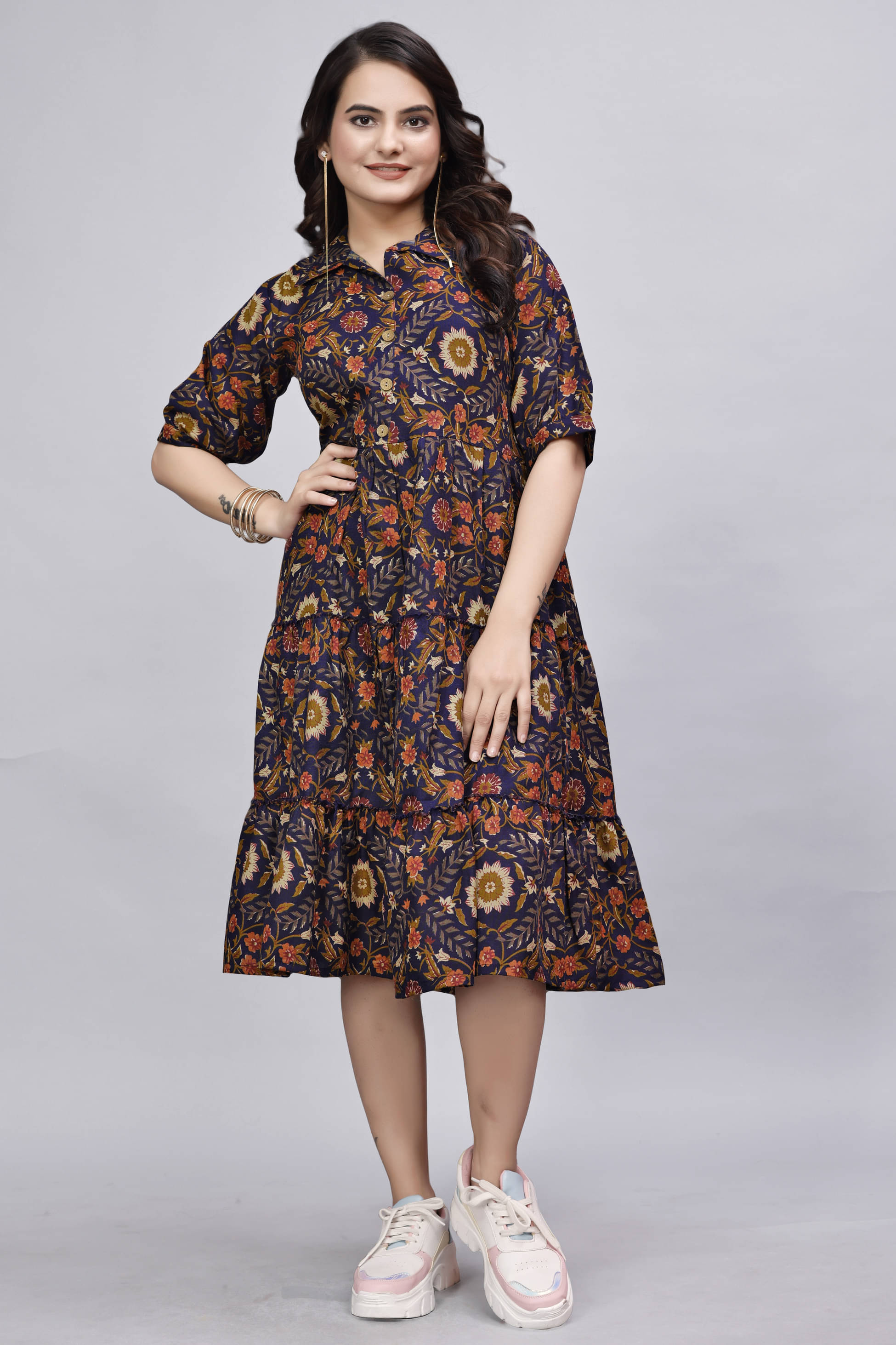     			Devakii Women Cotton Blend Printed Fit & Flare Dress ( Navy Blue )