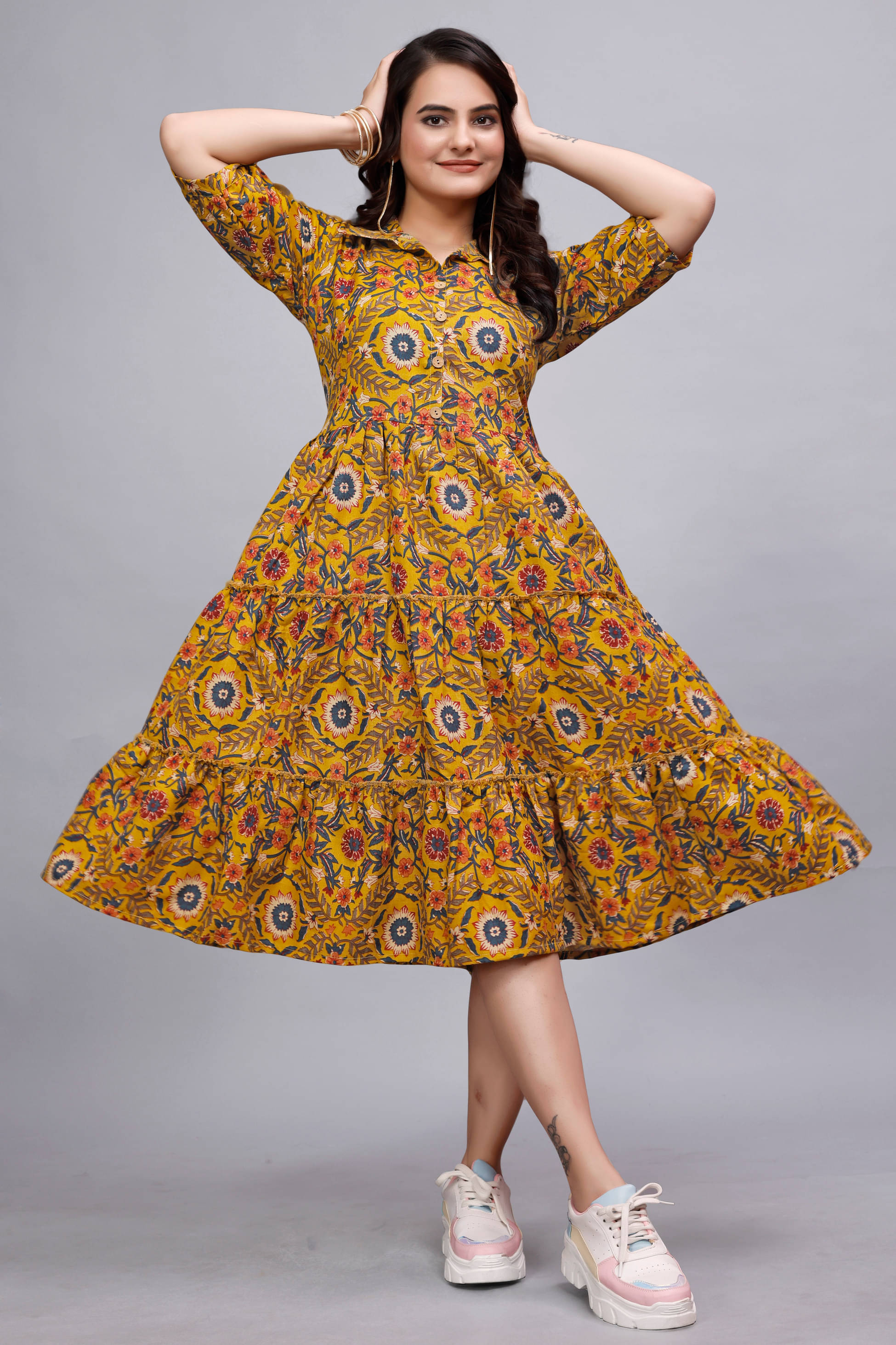     			Devakii Women Cotton Blend Printed Fit & Flare Dress ( Mustard )