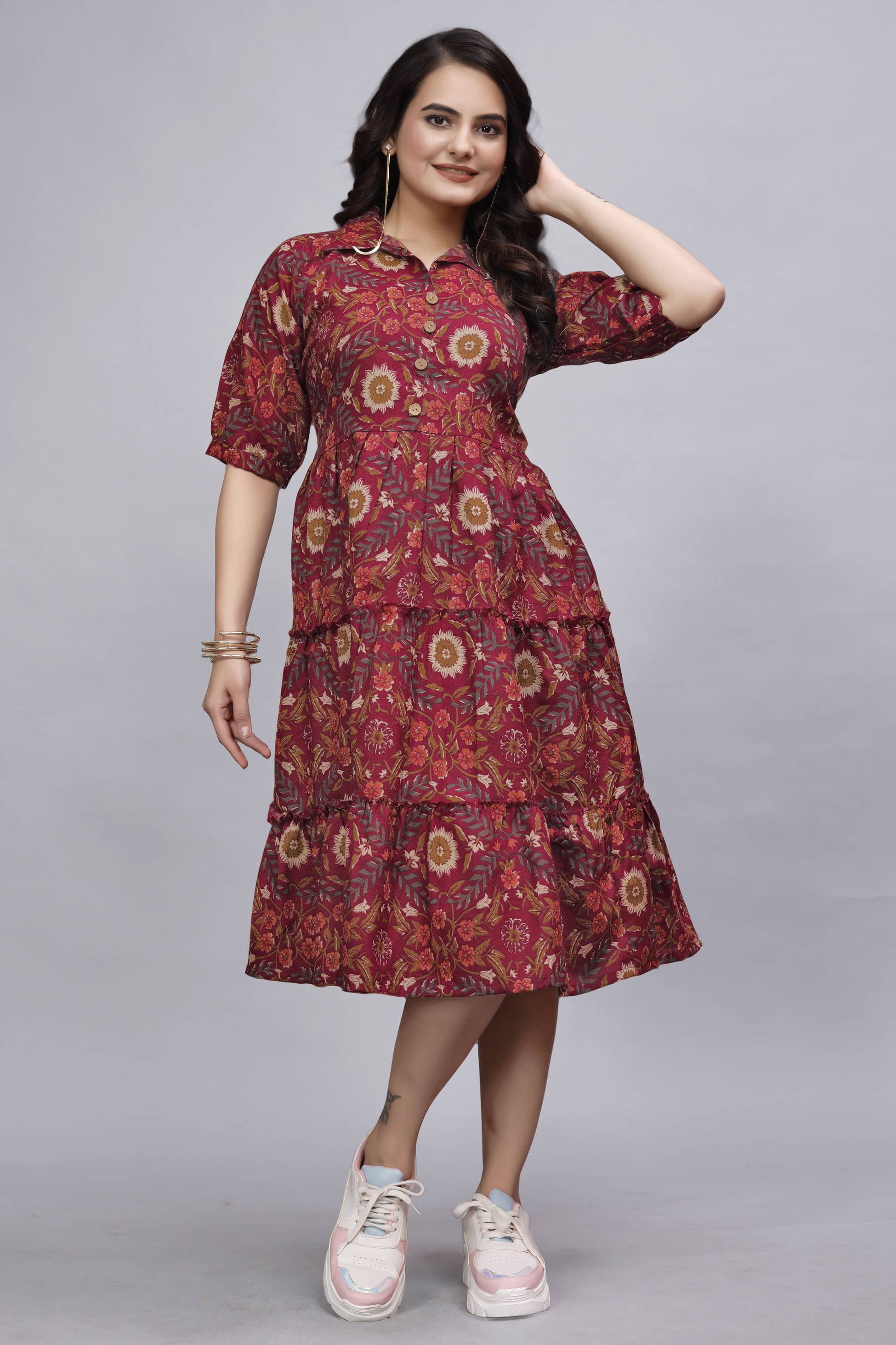     			Devakii Women Cotton Blend Printed Fit & Flare Dress ( Maroon )