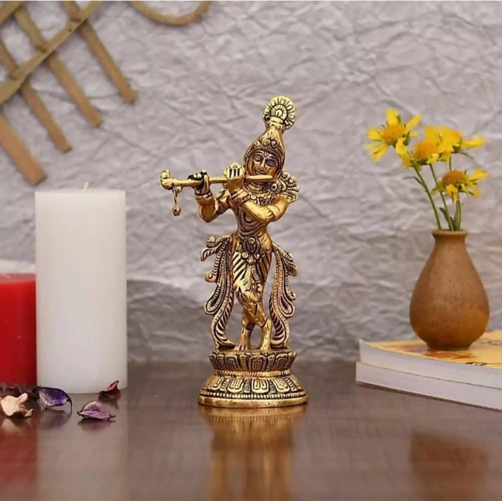 Fashion Bizz Golden Metal Krishna Playing Flute Decorative Showpiece - 23 cm