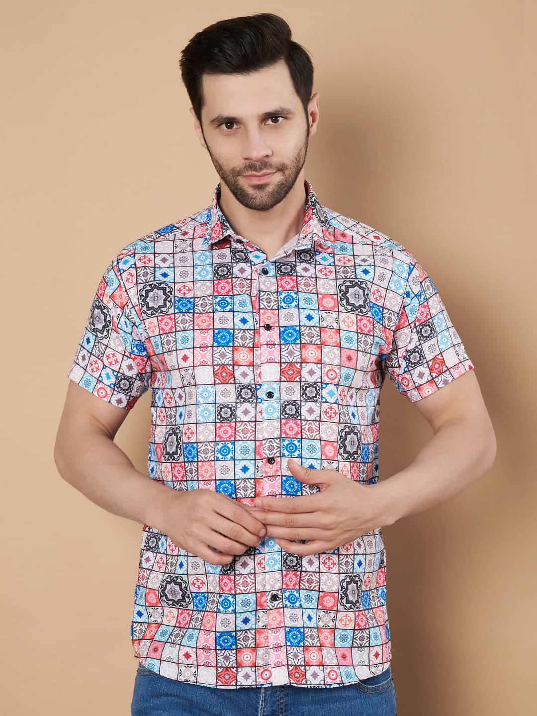     			Fashionfricks Cotton Flex Regular Fit Self Design Half Sleeves Men's Casual Shirt - Multi ( Pack of 1 )