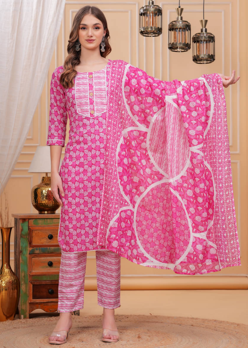 HIGHLIGHT FASHION EXPORT Cotton Printed Kurti With Pants Women's Stitched Salwar Suit - Pink ( Pack of 1 )     			HIGHLIGHT FASHION EXPORT Cotton Printed Kurti With Pants Women's Stitched Salwar Suit - Pink ( Pack of 1 )