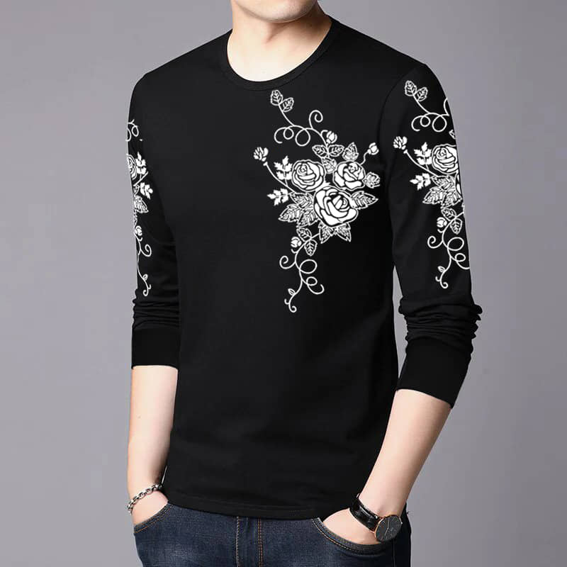 JUGULAR Cotton Regular Fit Printed Full Sleeves Men's Round T-Shirt - Black ( Pack of 1 )