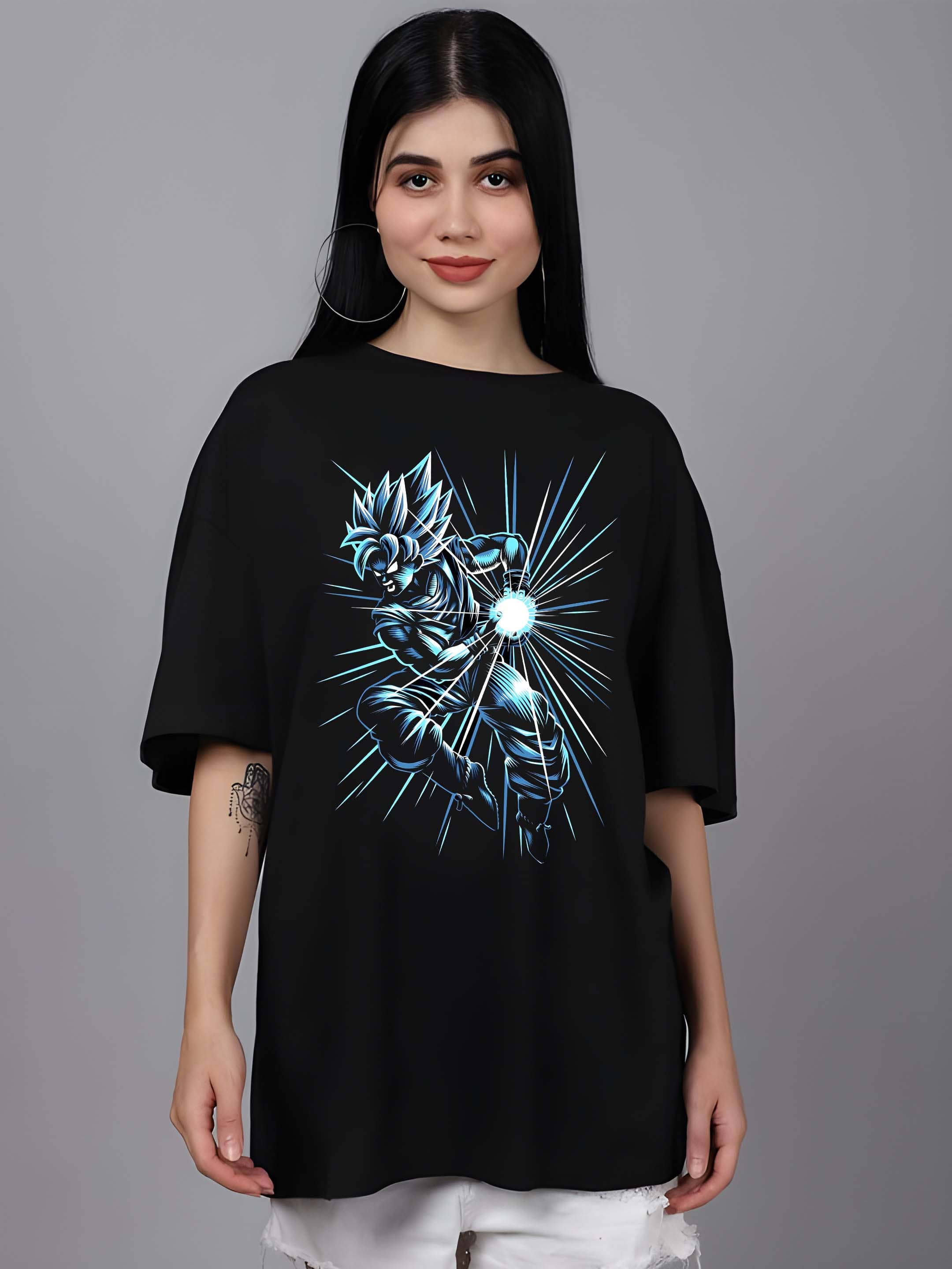 Kaido Women Cotton Blend Printed Oversized Fit Round Neck T-Shirt ( Black )