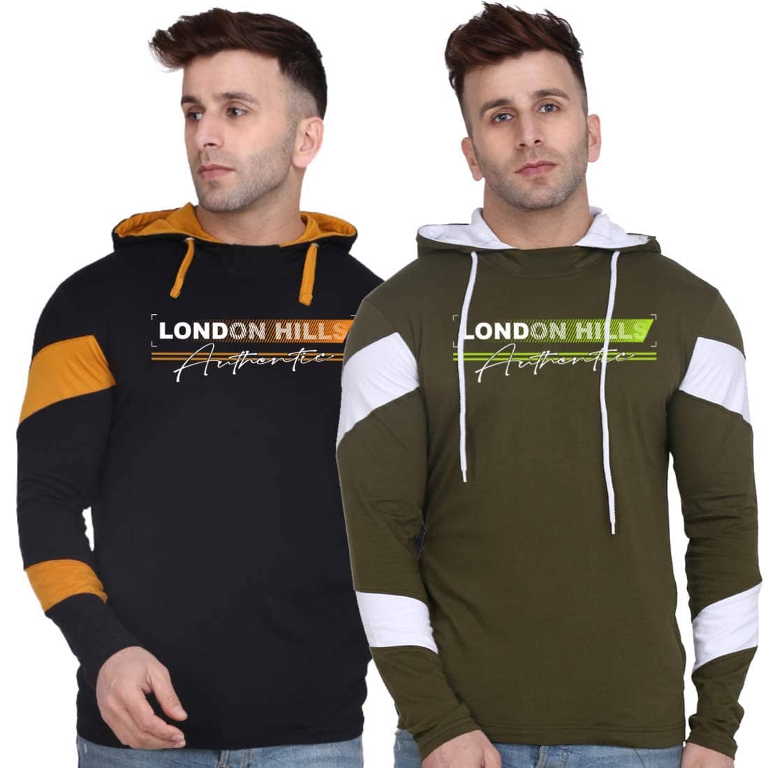 LONDON HILLS Cotton Blend Regular Fit Colorblock Full Sleeves Men's Hooded T-Shirt - Black ( Pack of 2 )