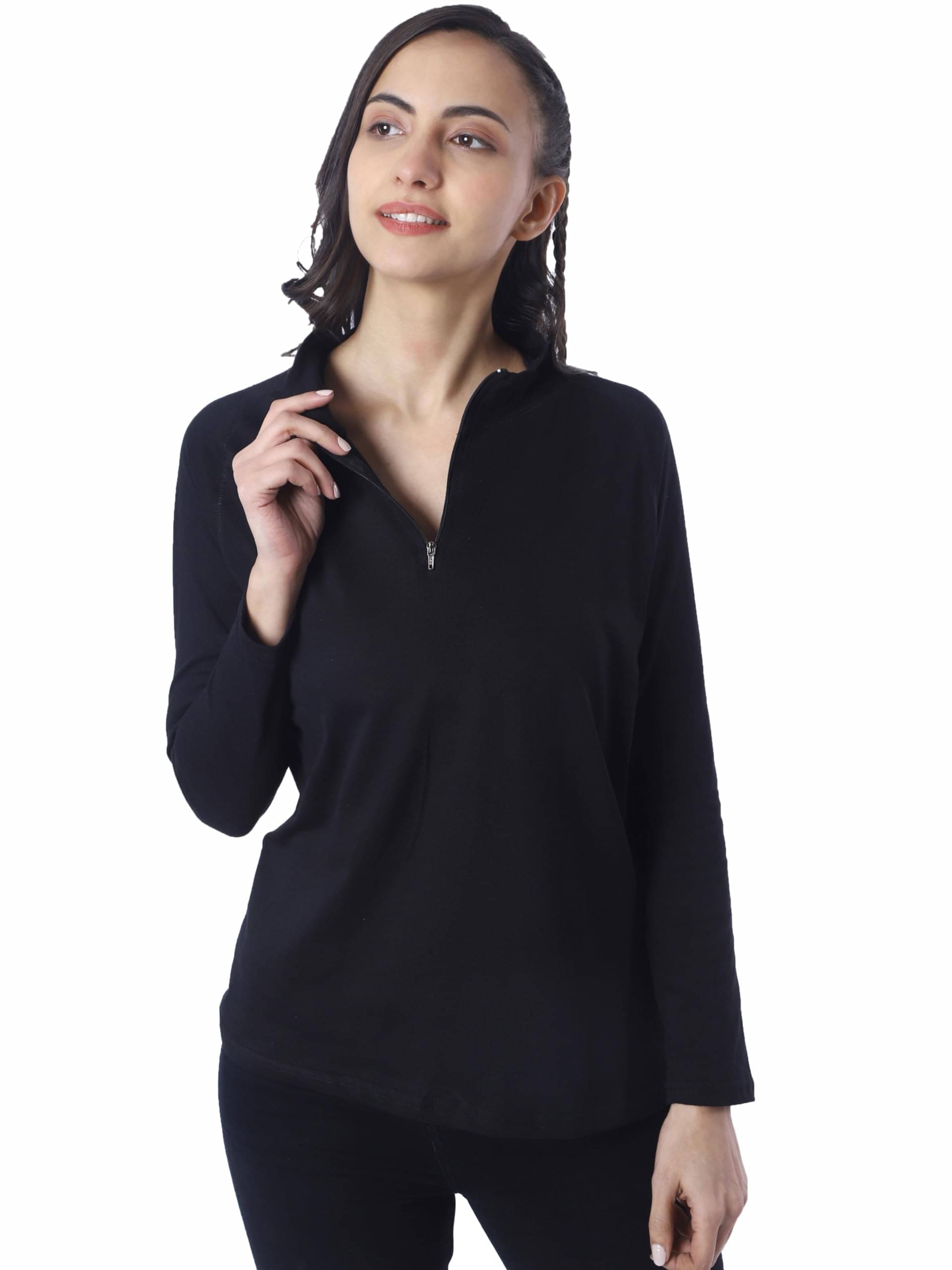     			LONDON HILLS Women Cotton Blend Solid Regular Fit High Neck T-Shirt ( Black )