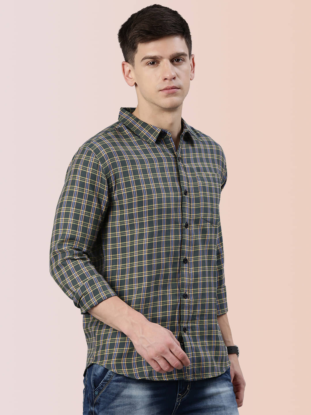 Lucky Roger Cotton Blend Regular Fit Checks Full Sleeves Men's Casual Shirt - Blue ( Pack of 1 )