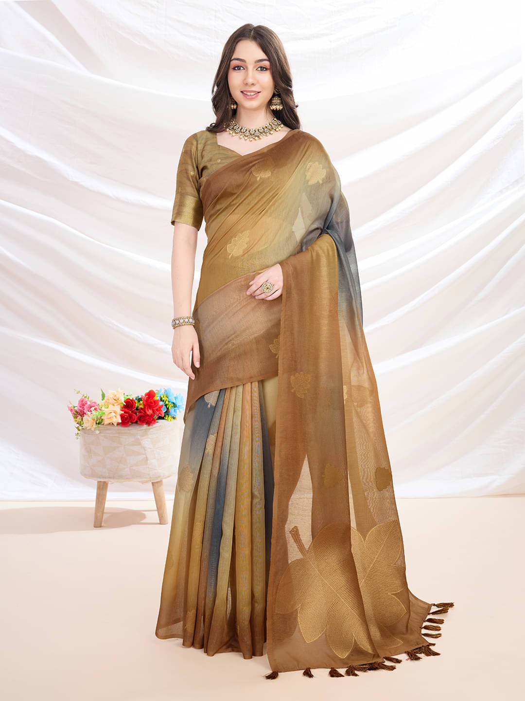 MANTROTSAV Cotton Blend Embellished Saree With Unstitched Blouse Piece ( Mustard ) MANTROTSAV Cotton Blend Embellished Saree With Unstitched Blouse Piece ( Mustard )