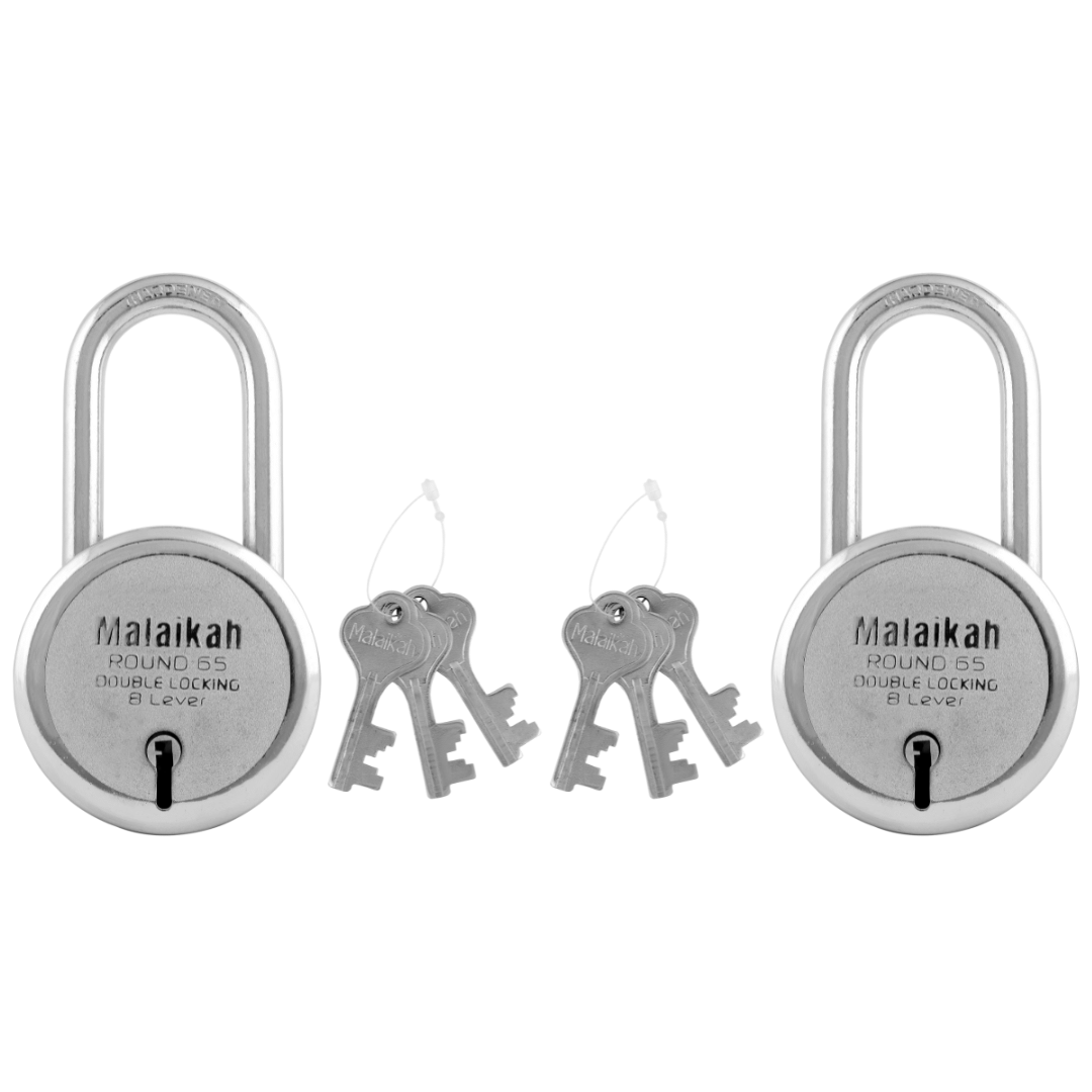 Malaikah Round 65mm Long Shackle Double Locking 8 Lever Comes With 3 Keys Pack Of 2 Malaikah Round 65mm Long Shackle Double Locking 8 Lever Comes With 3 Keys Pack Of 2