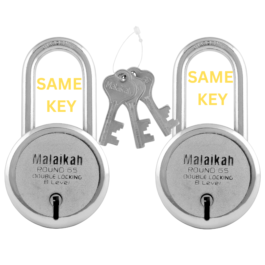 Malaikah Round 65mm Long Shackle Common Key Double Locking 8 Lever Comes With 3 Keys Pack Of 2 Malaikah Round 65mm Long Shackle Common Key Double Locking 8 Lever Comes With 3 Keys Pack Of 2