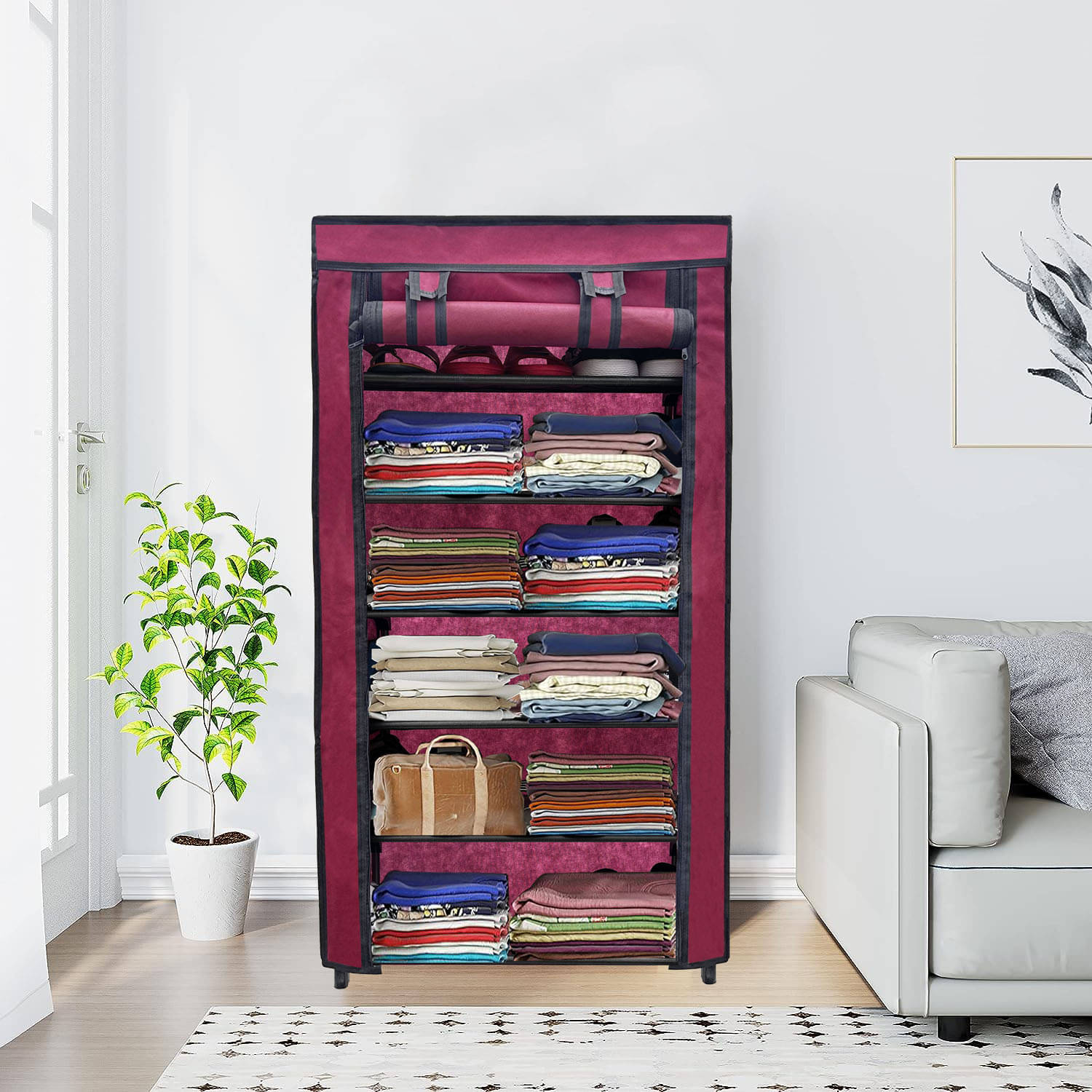     			PHILOSHOP 6 Layer Metal Wardrobe Stand with Cover Shoe Organiser Storage Rack for Home (Maroon)