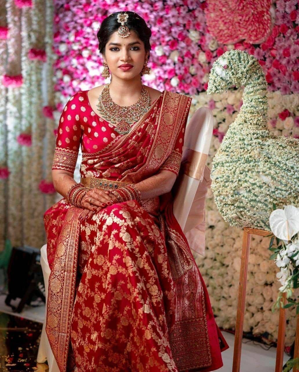Pheasant Banarasi Silk Woven Saree With Unstitched Blouse Piece ( Rust ) - Sarees | Buy online on ZillyBuy