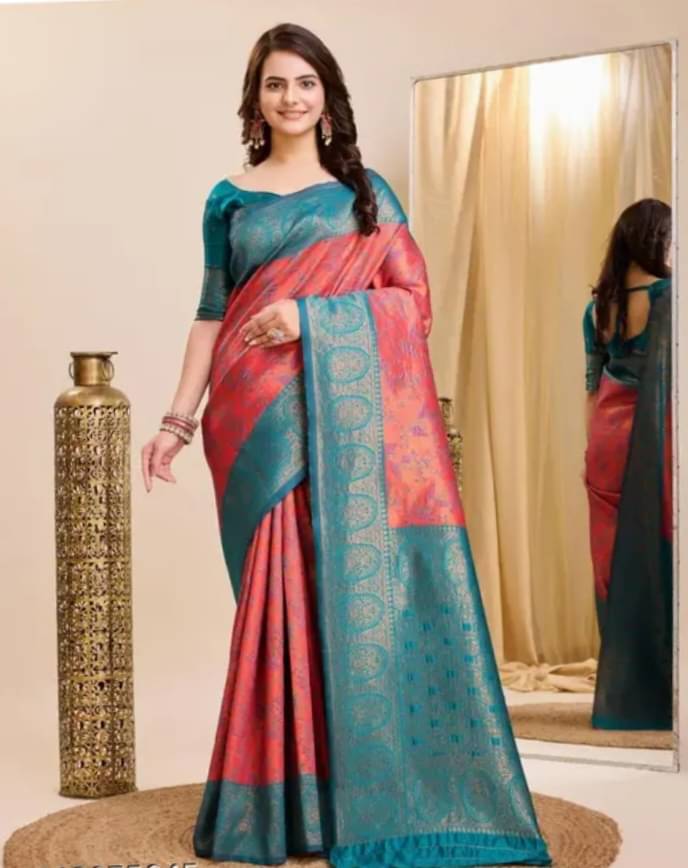 Sanjana Silks Jacquard Embellished Saree With Unstitched Blouse Piece ( Peach ) Sanjana Silks Jacquard Embellished Saree With Unstitched Blouse Piece ( Peach )