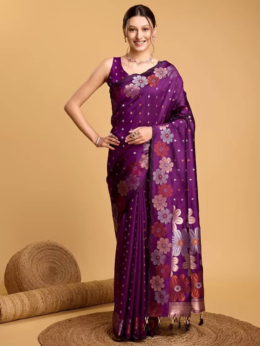 Sanjana Silks Jacquard Printed Saree With Unstitched Blouse Piece ( Wine ) Sanjana Silks Jacquard Printed Saree With Unstitched Blouse Piece ( Wine )