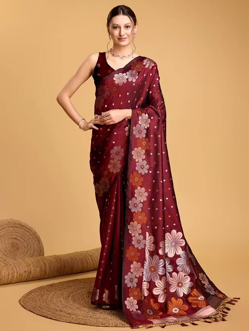 Sanwariya Silks Jacquard Printed Saree With Unstitched Blouse Piece ( Maroon ) Sanwariya Silks Jacquard Printed Saree With Unstitched Blouse Piece ( Maroon )