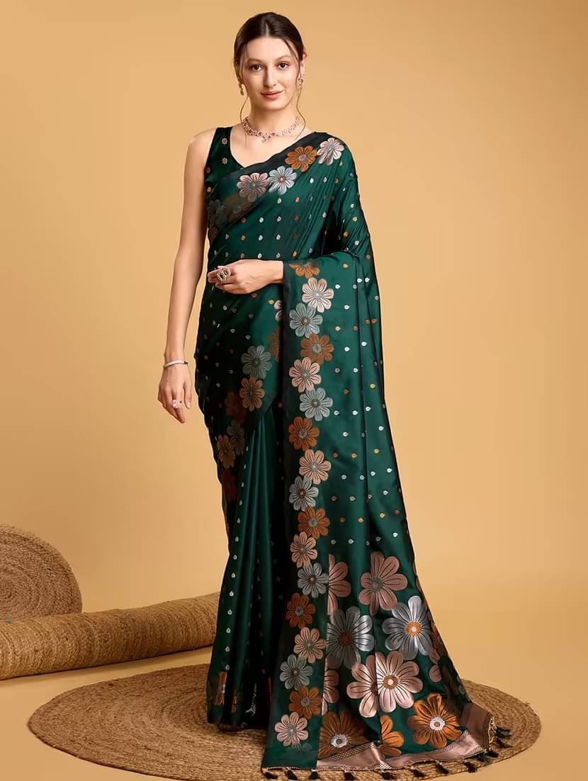     			Sanwariya Silks Jacquard Printed Saree With Unstitched Blouse Piece ( Green )