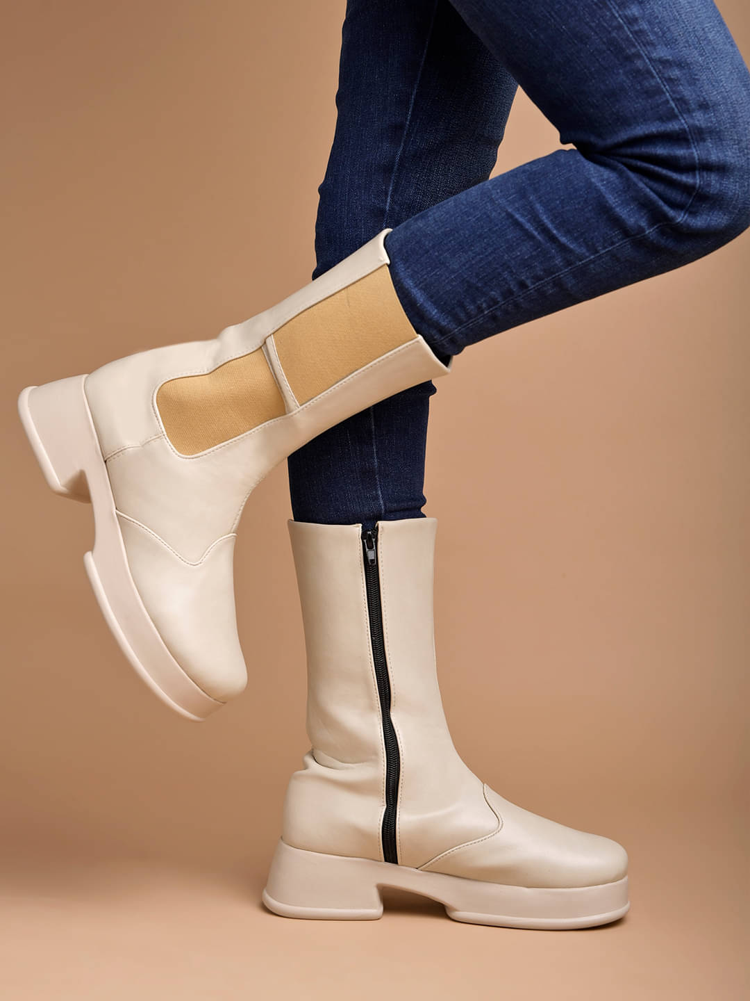     			Shoetopia Cream Women's Mid Calf Length Boots