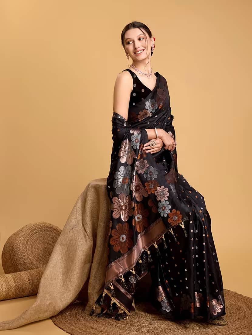 Sitanjali Lifestyle Jacquard Self Design Saree With Unstitched Blouse Piece ( Black ) - Sarees | Buy online on ZillyBuy