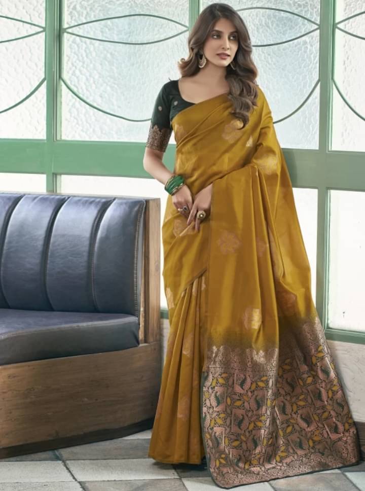 Sitanjali Jacquard Embellished Saree With Unstitched Blouse Piece ( Yellow ) Sitanjali Jacquard Embellished Saree With Unstitched Blouse Piece ( Yellow )