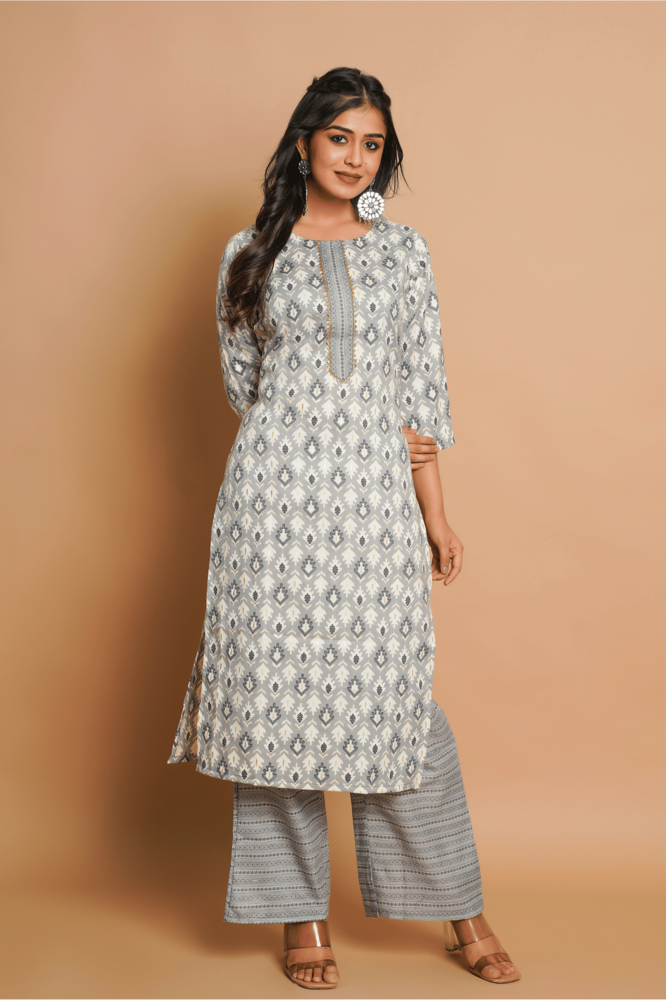 Sitaram Designer Cotton Printed Kurti With Palazzo Women's Stitched Salwar Suit - Grey ( Pack of 1 ) Sitaram Designer Cotton Printed Kurti With Palazzo Women's Stitched Salwar Suit - Grey ( Pack of 1 )