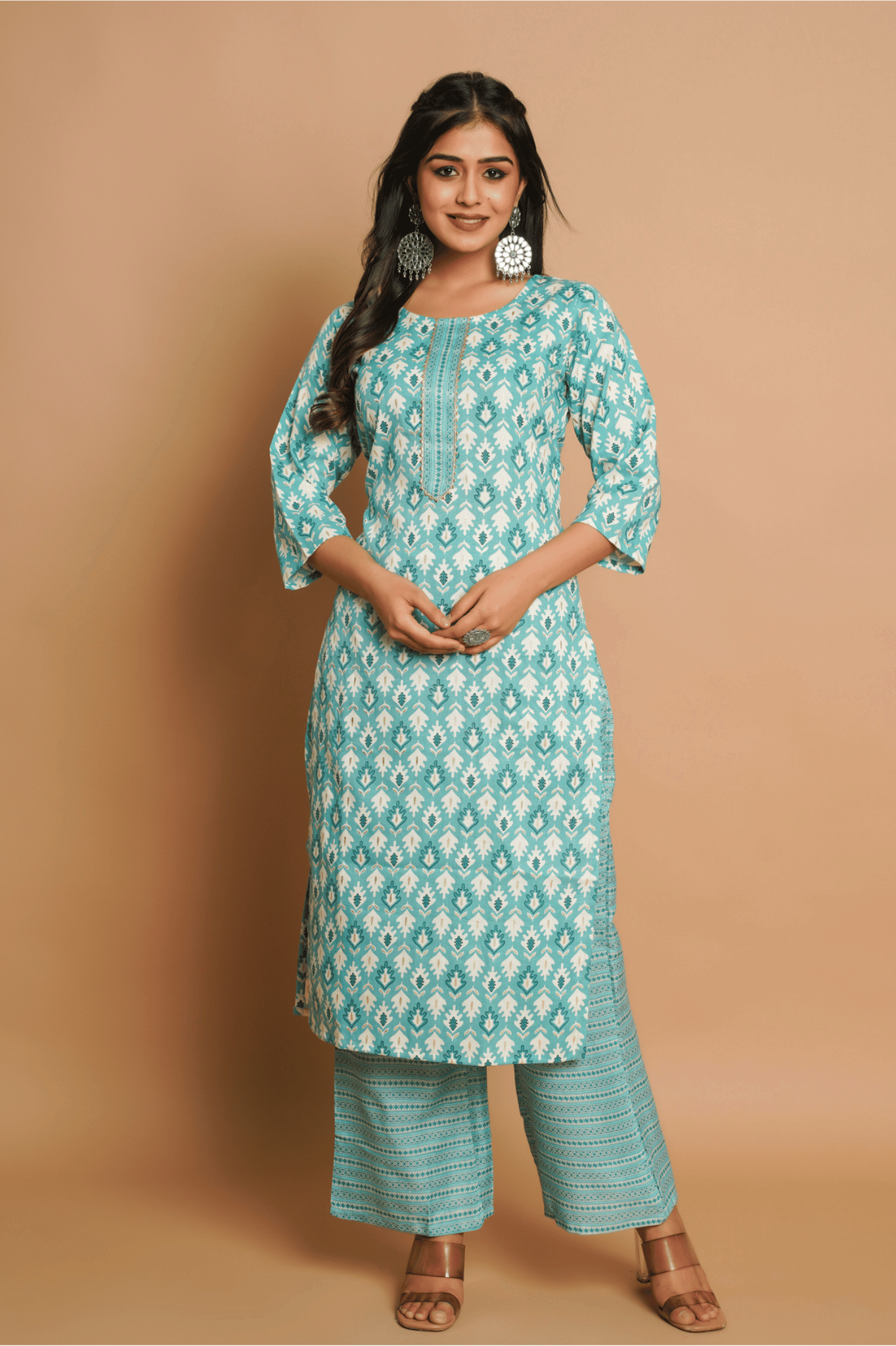     			Sitaram Designer Cotton Printed Kurti With Palazzo Women's Stitched Salwar Suit - Turquoise ( Pack of 1 )