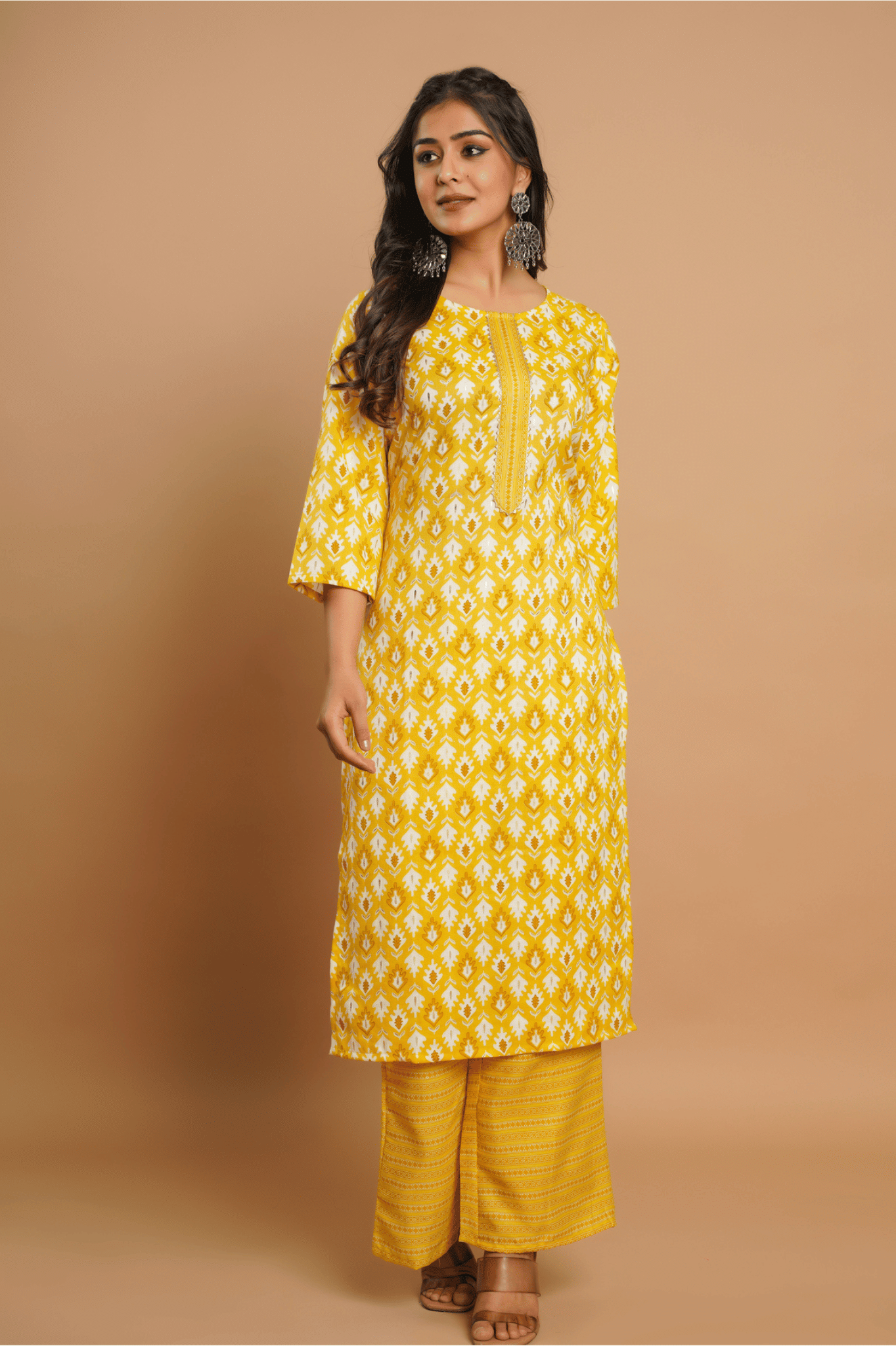    			Sitaram Designer Cotton Printed Kurti With Palazzo Women's Stitched Salwar Suit - Yellow ( Pack of 1 )