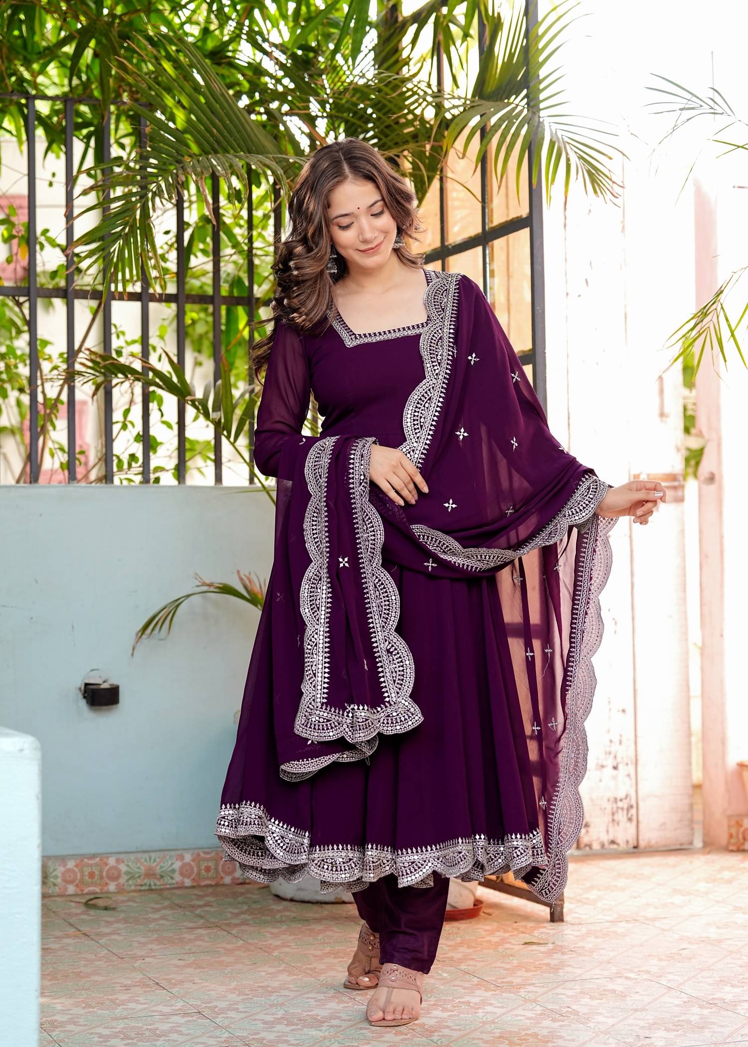     			Sitaram Designer Georgette Embroidered Kurti With Pants Women's Stitched Salwar Suit - Wine ( Pack of 1 )