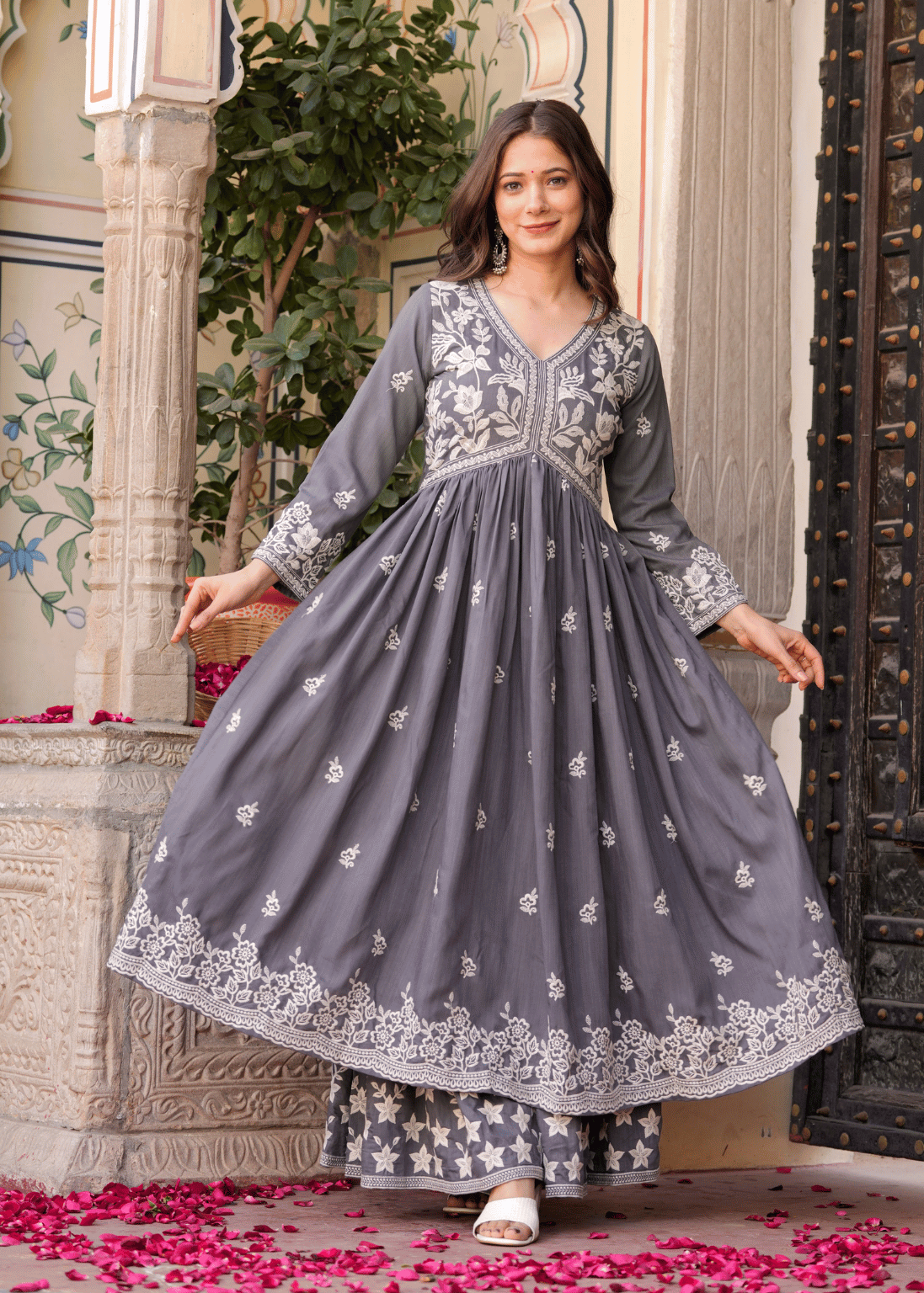 Sitaram Designer Rayon Embroidered Kurti With Sharara And Gharara Women's Stitched Salwar Suit - Grey ( Pack of 1 )     			Sitaram Designer Rayon Embroidered Kurti With Sharara And Gharara Women's Stitched Salwar Suit - Grey ( Pack of 1 )