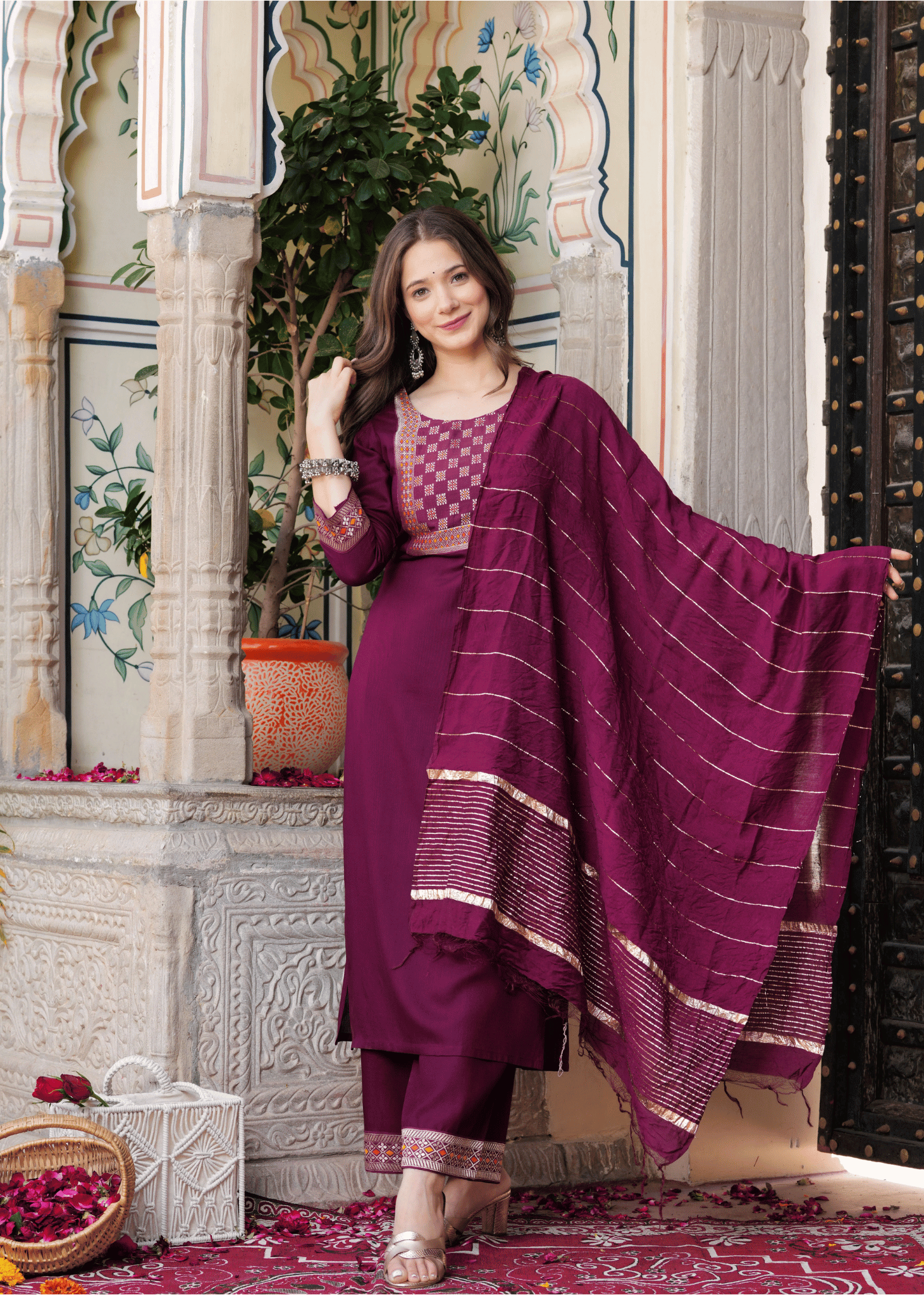     			Sitaram Designer Rayon Self Design Kurti With Palazzo Women's Stitched Salwar Suit - Wine ( Pack of 1 )
