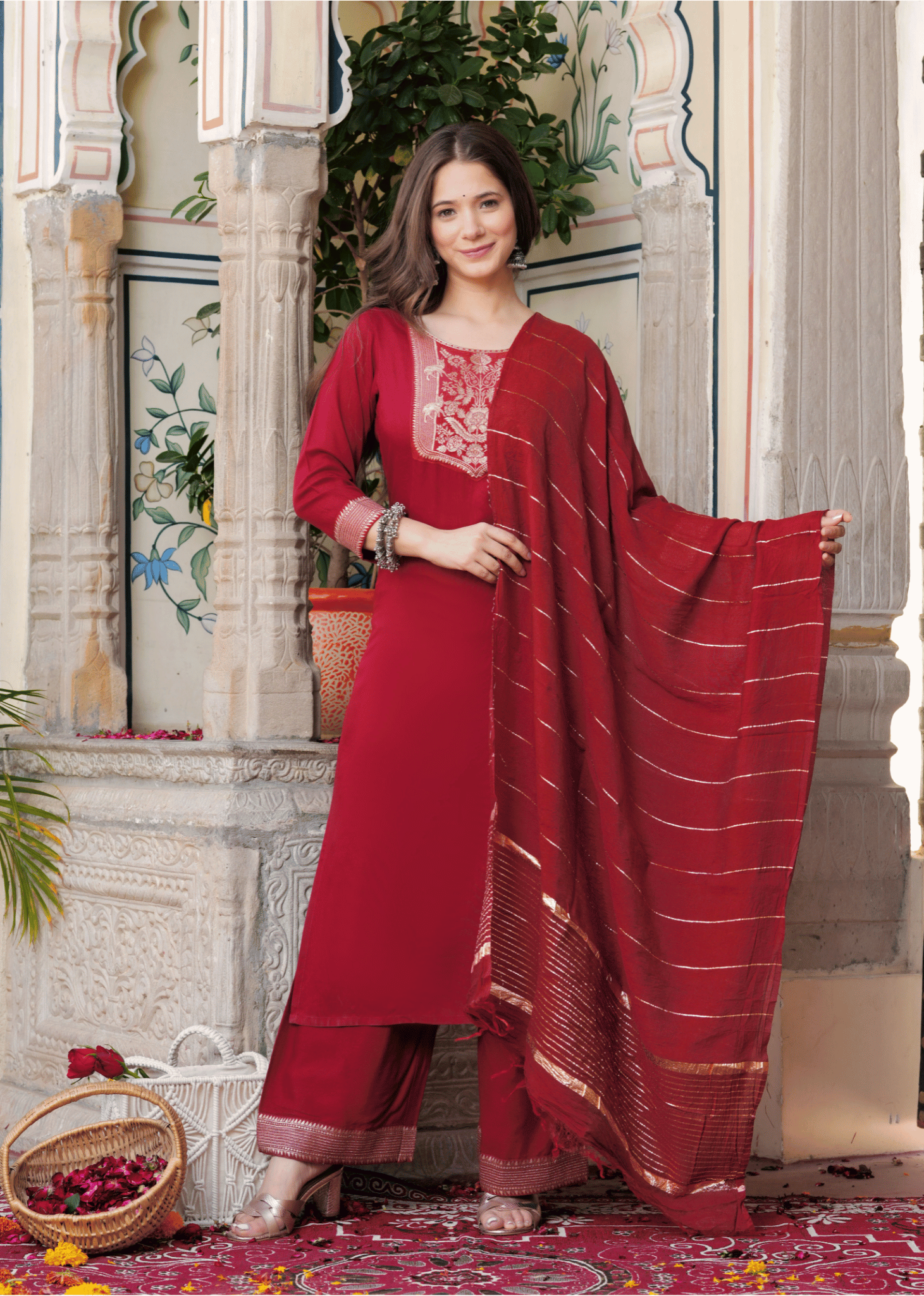    			Sitaram Designer Rayon Self Design Kurti With Palazzo Women's Stitched Salwar Suit - Maroon ( Pack of 1 )
