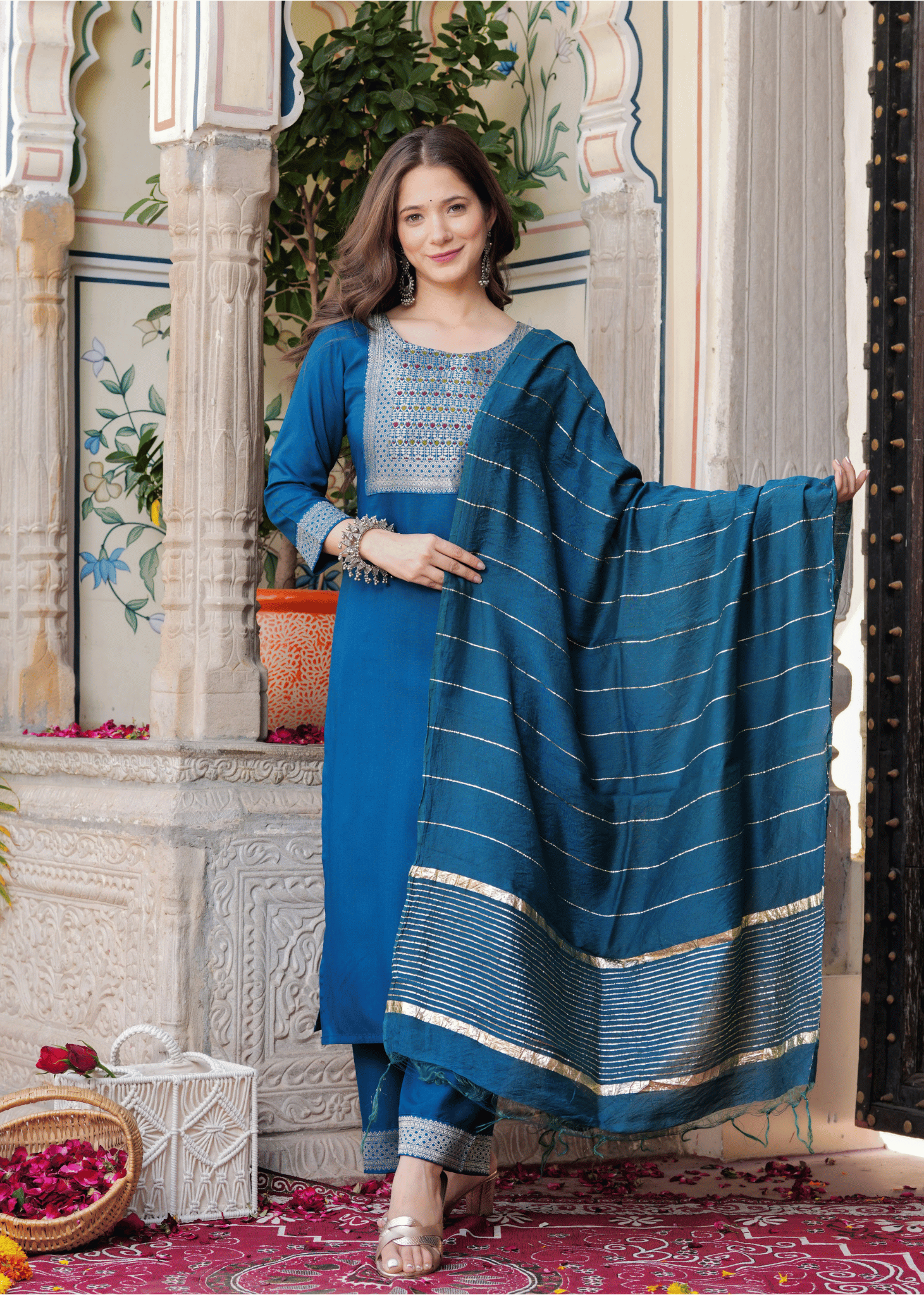     			Sitaram Designer Rayon Self Design Kurti With Palazzo Women's Stitched Salwar Suit - Teal ( Pack of 1 )