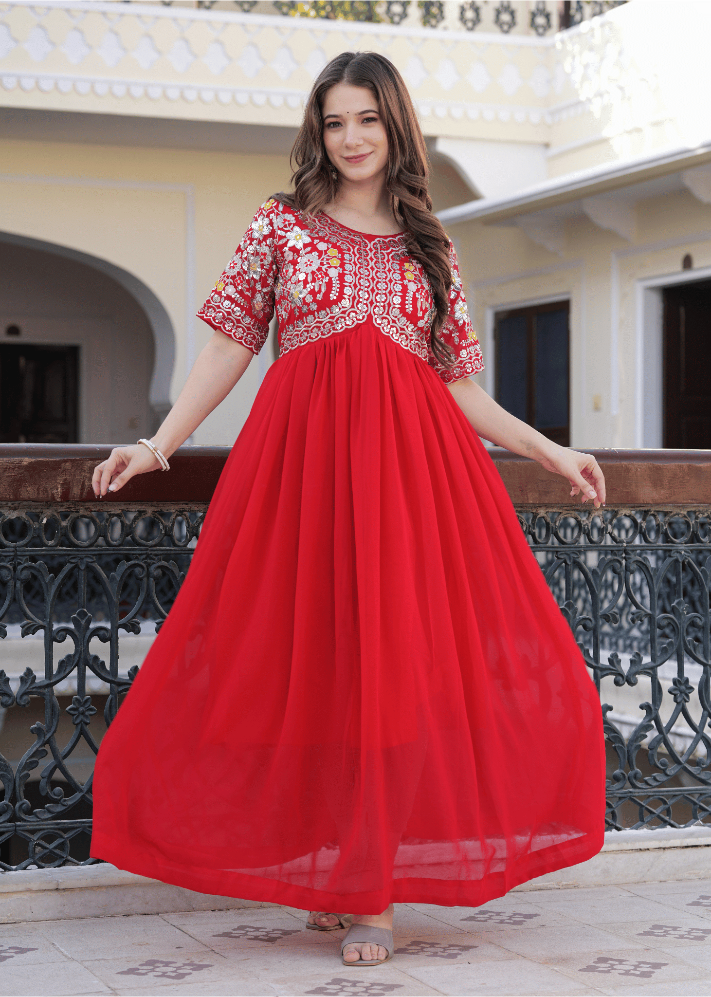     			Sitaram Designer Red Flared Georgette Women's Stitched Ethnic Gown ( Pack of 1 )