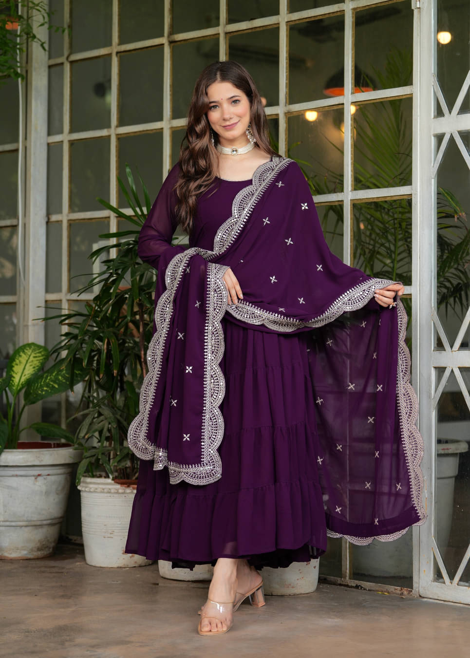 Sitaram Designer Wine Flared Georgette Women's Stitched Ethnic Gown ( Pack of 1 )     			Sitaram Designer Wine Flared Georgette Women's Stitched Ethnic Gown ( Pack of 1 )