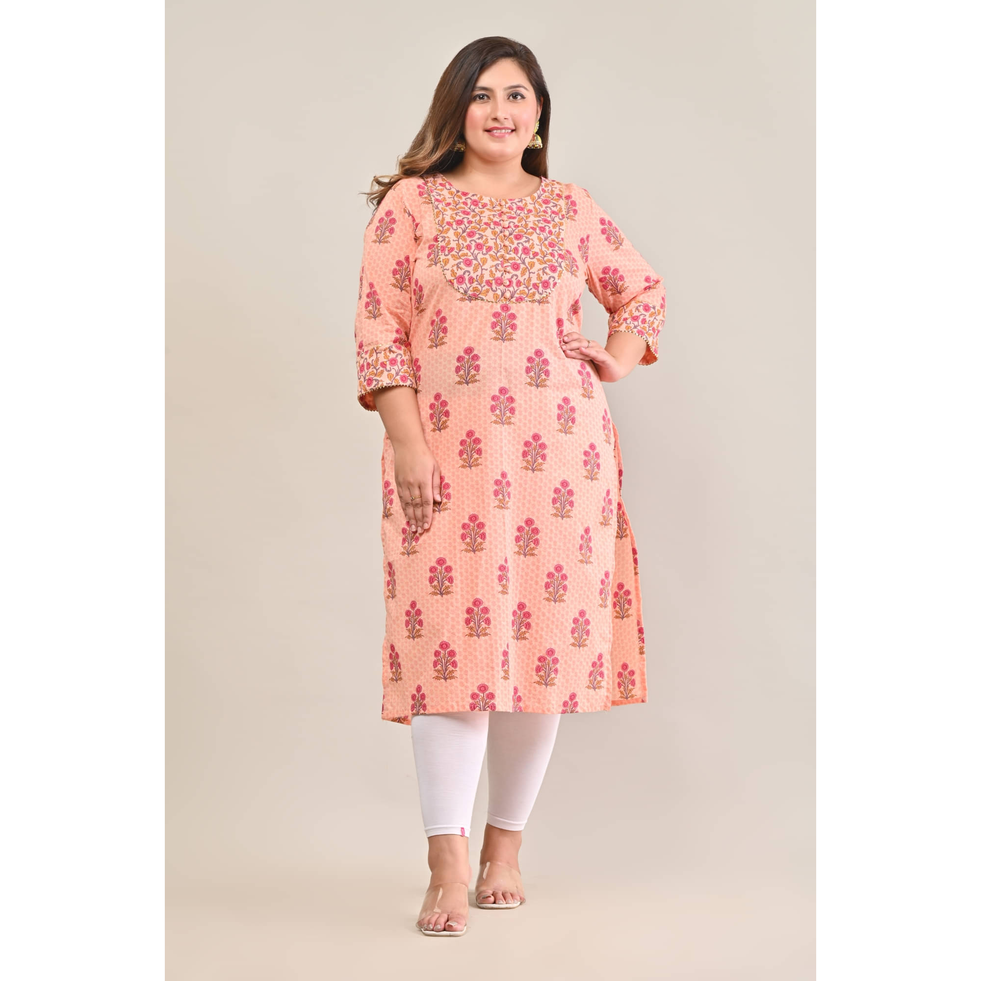 Swasti Pack of 1 Cotton Printed Straight Women's Kurti - ( Peach ) Swasti Pack of 1 Cotton Printed Straight Women's Kurti - ( Peach )