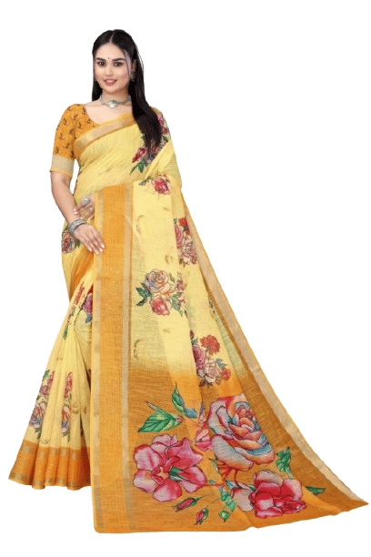 mahalaxmi fab Linen Printed Saree With Unstitched Blouse Piece ( Yellow ) mahalaxmi fab Linen Printed Saree With Unstitched Blouse Piece ( Yellow )