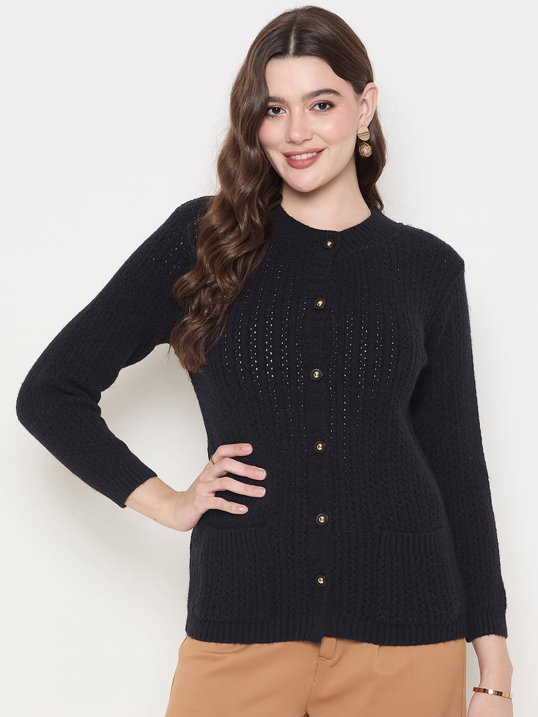 zigo Acro Wool Round Neck Women's Buttoned Cardigans - Black (Pack of 1) zigo Acro Wool Round Neck Women's Buttoned Cardigans - Black (Pack of 1)